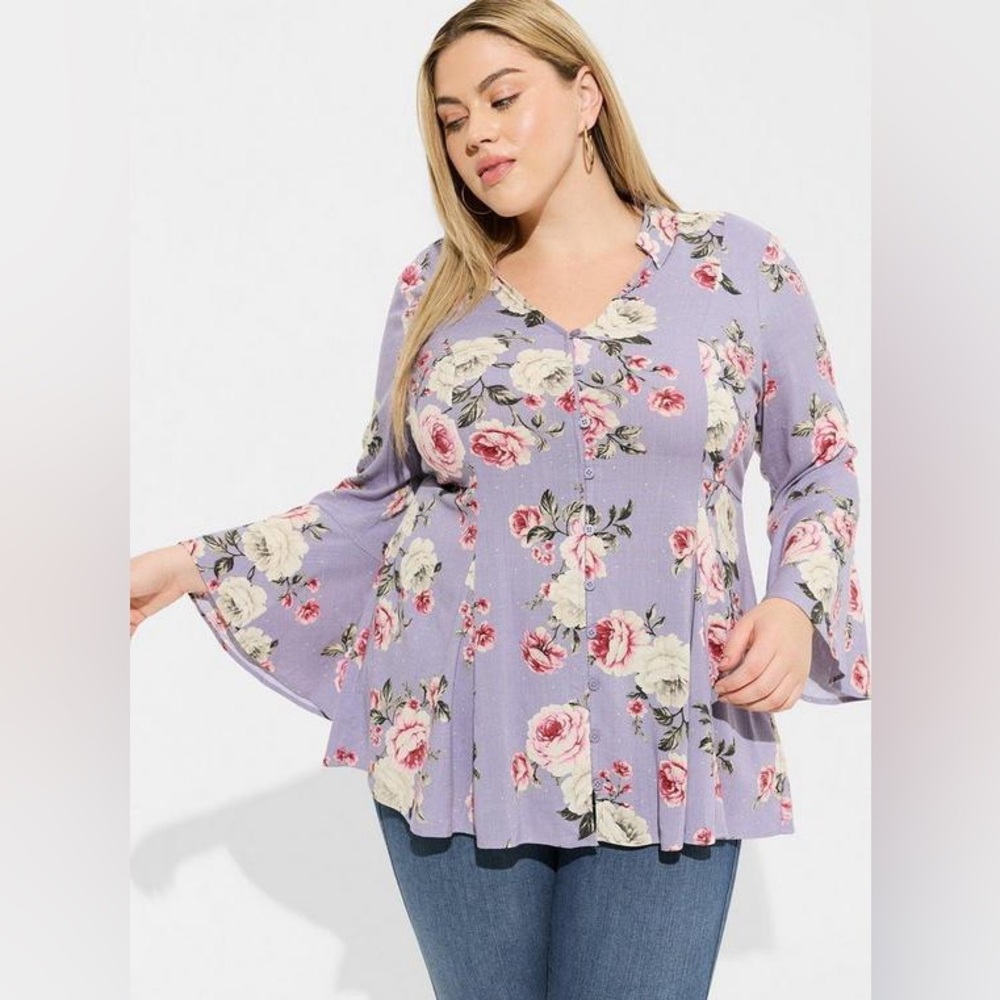 Torrid Fit & Flare Rayon Slub Button-Front Top 2X Romantic Roses Floral Casual